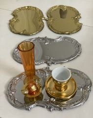 2 GOLD 2 GÜMÜŞ RENK İŞLEMELİ DESENLİ SERVİS VE SUNUM TEPSİSİ