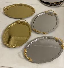 2 GOLD 2 GÜMÜŞ 25 CM OVAL İNCE KULPLU SERVİS VE SUNUM TEPSİSİ LÜX