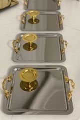 2 MODEL İNCE KULPLU ÇELİK KARE TEPSİ VE GOLD MAKARONLUK 6 ADET