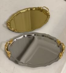 GOLD VE GÜMÜŞ OVAL İNCE KULPLU SERVİS VE SUNUM TEPSİSİ