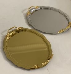 GOLD VE GÜMÜŞ OVAL İNCE KULPLU SERVİS VE SUNUM TEPSİSİ
