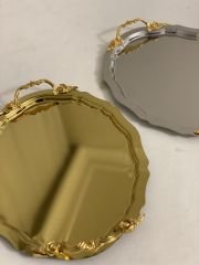 GOLD VE GÜMÜŞ OVAL İNCE KULPLU SERVİS VE SUNUM TEPSİSİ