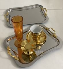 PASLANMAZ ÇELİK BÜYÜK KULPLU MODEL 2 ADET SERVİS VE SUNUM TEPSİSİ 21*26 CM