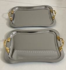 PASLANMAZ ÇELİK BÜYÜK KULPLU MODEL 2 ADET SERVİS VE SUNUM TEPSİSİ 21*26 CM