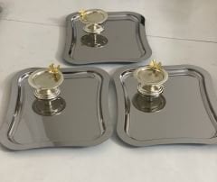 2 MODEL 3 LÜ ÇELİK SERVİS TEPSİSİ VE GÜMÜŞ KELEBEKLİ MAKARONLUK 26 CM