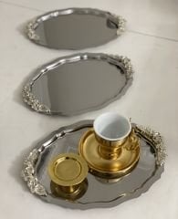PASLANMAZ ÇELİK OVAL MODEL 6 ADETGÜMÜŞ KULPLU SUNUM TEPSİSİ