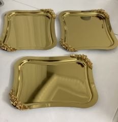 3 ADET ÇELİK GOLD RENK İTALYAN MODEL ÇİFT AKSESUARLI DALGALI SUNUM TEPSİSİ