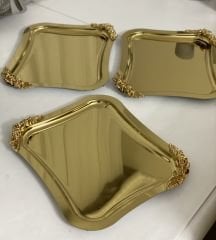 3 ADET ÇELİK GOLD RENK İTALYAN MODEL ÇİFT AKSESUARLI DALGALI SUNUM TEPSİSİ