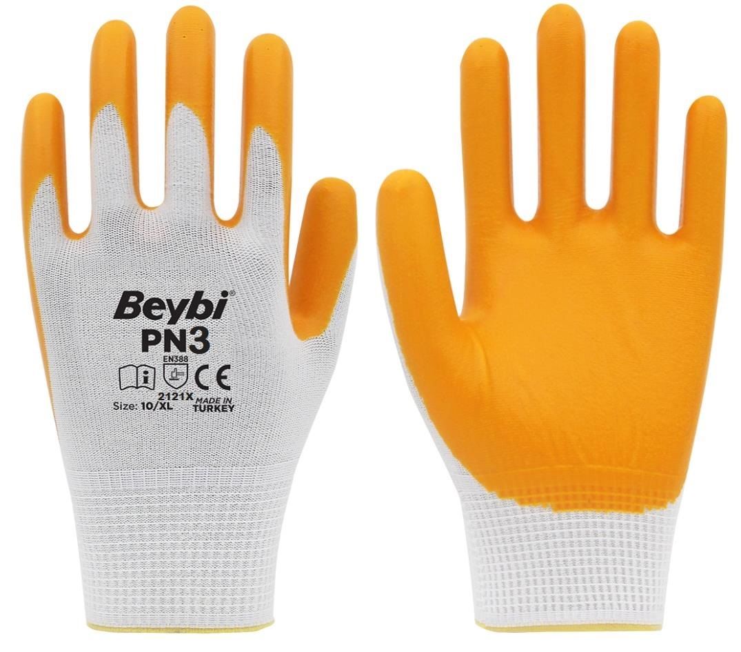 Beybi PN3 Eldiven No:9 (Polyester-Örme-Nitril-Beyaz-Sarı)