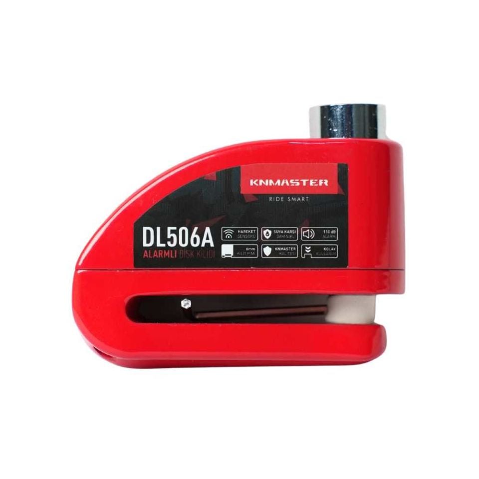 KNMASTER DL506A 6mm Alarmlı Disk Kilidi | Hatırlatma Kablosu ve Taşıma Çantası Hediye | Kırmızı Kilit