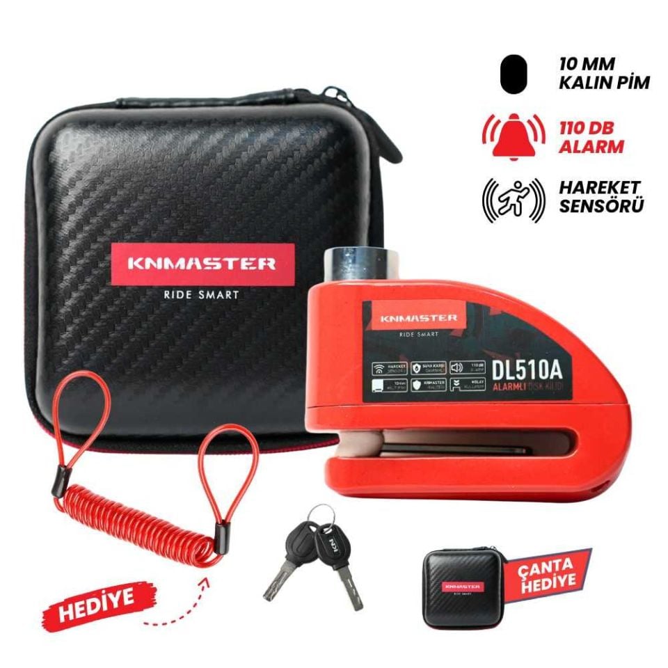 KNMASTER DL510A 10 mm Alarmlı Disk Kilidi | Hatırlatma Kablosu ve Taşıma Çantası Hediye | Kırmızı Kilit