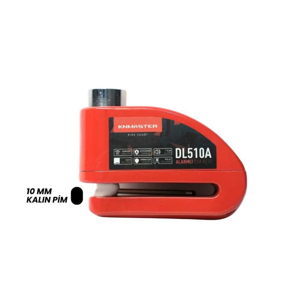 KNMASTER DL510A 10 mm Alarmlı Disk Kilidi | Hatırlatma Kablosu ve Taşıma Çantası Hediye | Kırmızı Kilit
