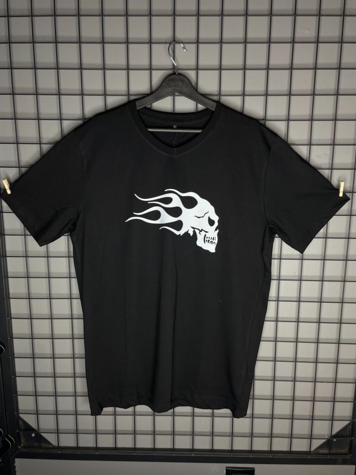 Fire Skull Reflektör Baskı Oversize Tshirt