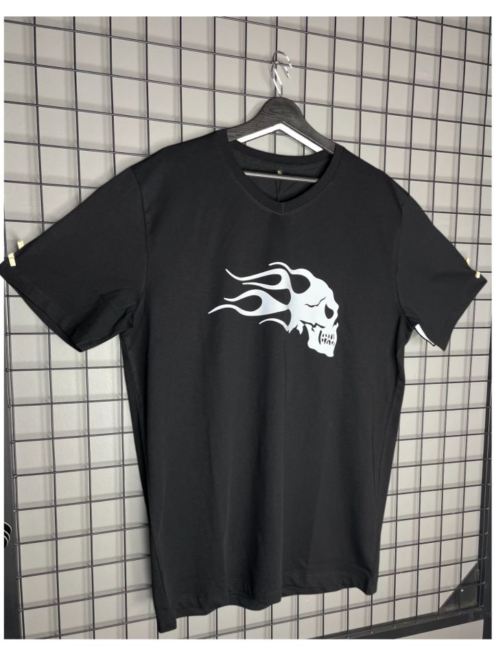 Fire Skull Reflektör Baskı Oversize Tshirt