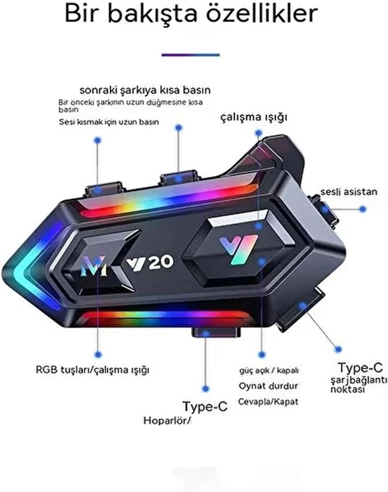 Y20 Motor  Kask Kulaklık RGB Modlu Bluetooth Motosiklet Kulaklık 5.3 Bluetooth Interkom