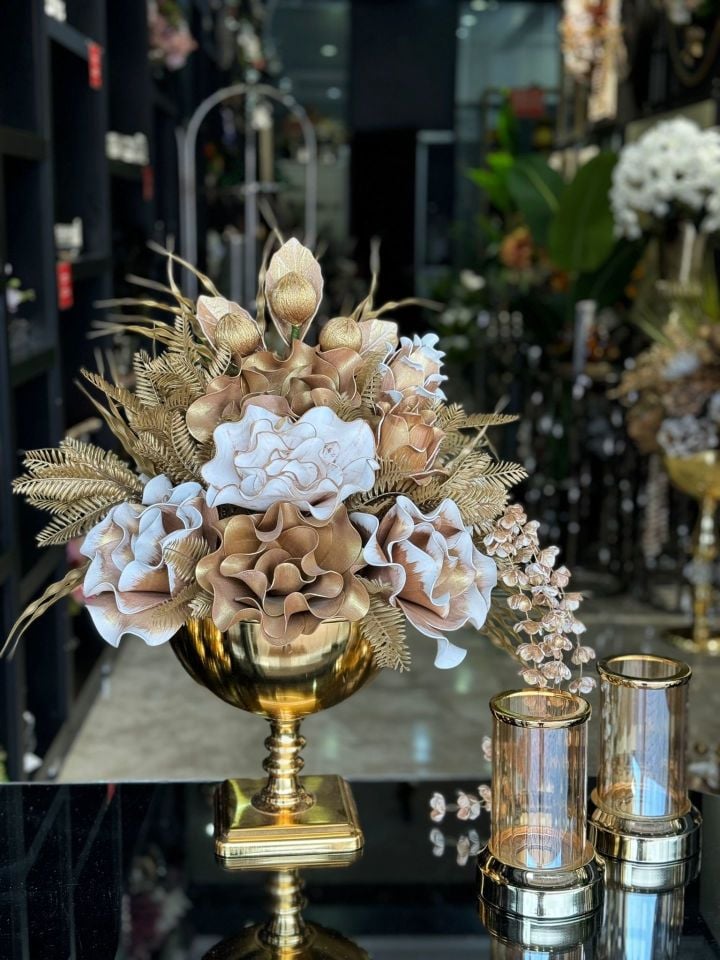 Yapay Çiçekli Gold Kare Ayak Vazo 3 Parça Set No:16