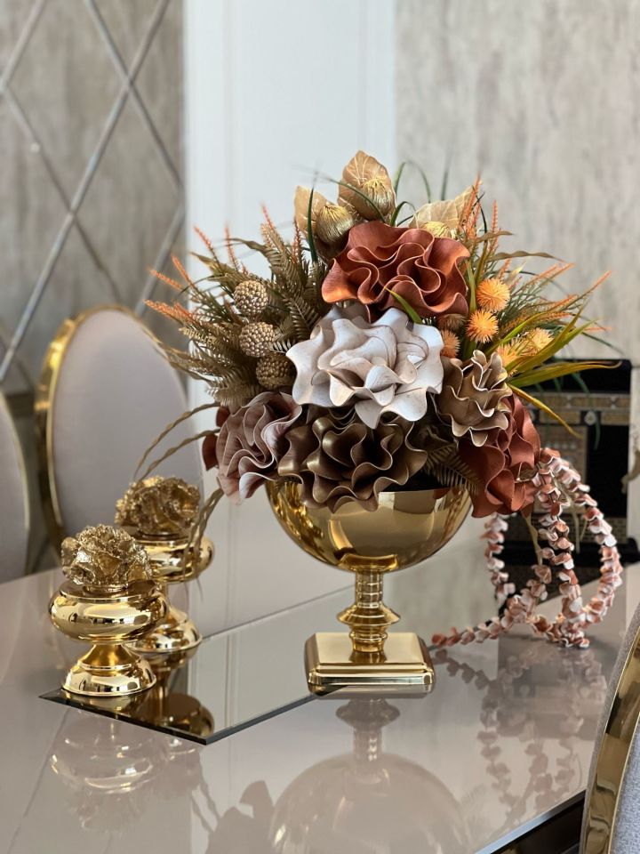Yapay Çiçekli Gold Kare Ayak Vazo 3 Parça Set No:26