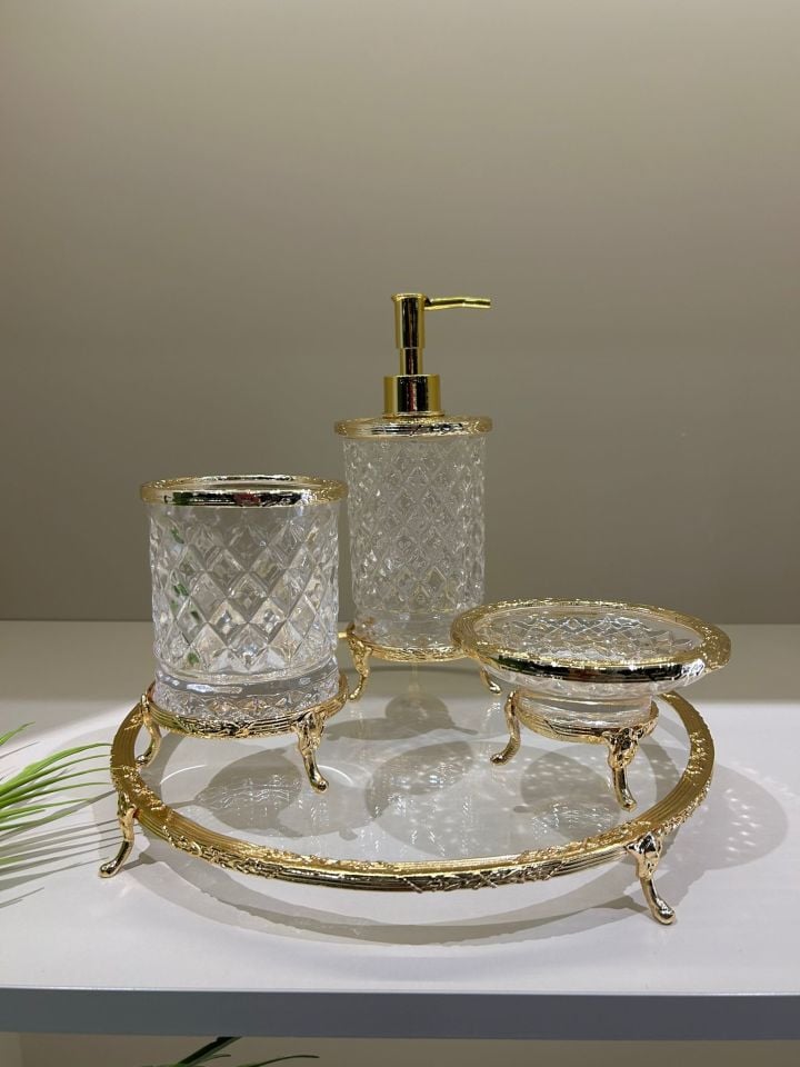 Standlı Kesme Cam Banyo Seti Gold