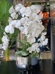Islak Beyaz Orkideli Gümüş Çanak Vazo / 6 Dal