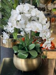 Islak Beyaz Orkideli Antik Gold Vazo