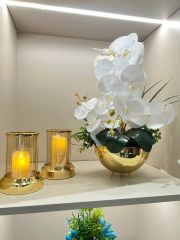 Orkideli Vazo Ve İkili Mumluk Set/Gold