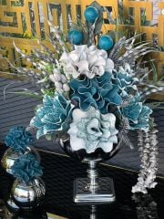 Gümüş Ayaklı Vazo Çiçekli İkili Mercan Küp Set