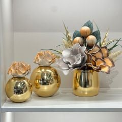Yapay Çiçekli Gold Bardak Vazo 3 Parça Set No:6