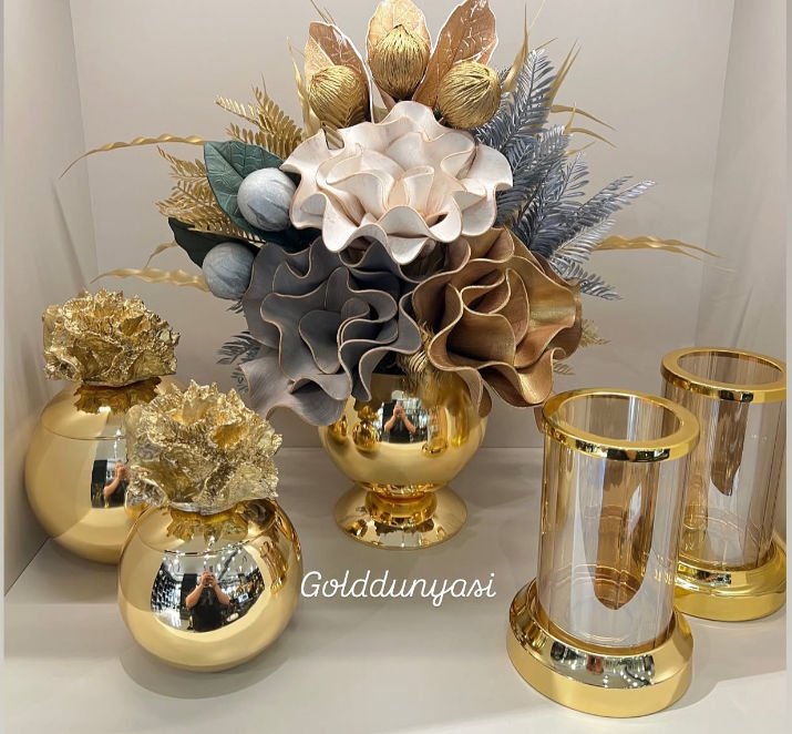 Yapay Çiçekli Gold 5 Parça Set No:14