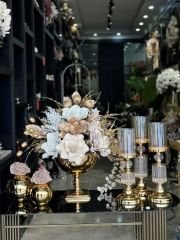 Yapay Çiçekli Gold Kare Ayak Vazo Şamdanlı Set No:  10