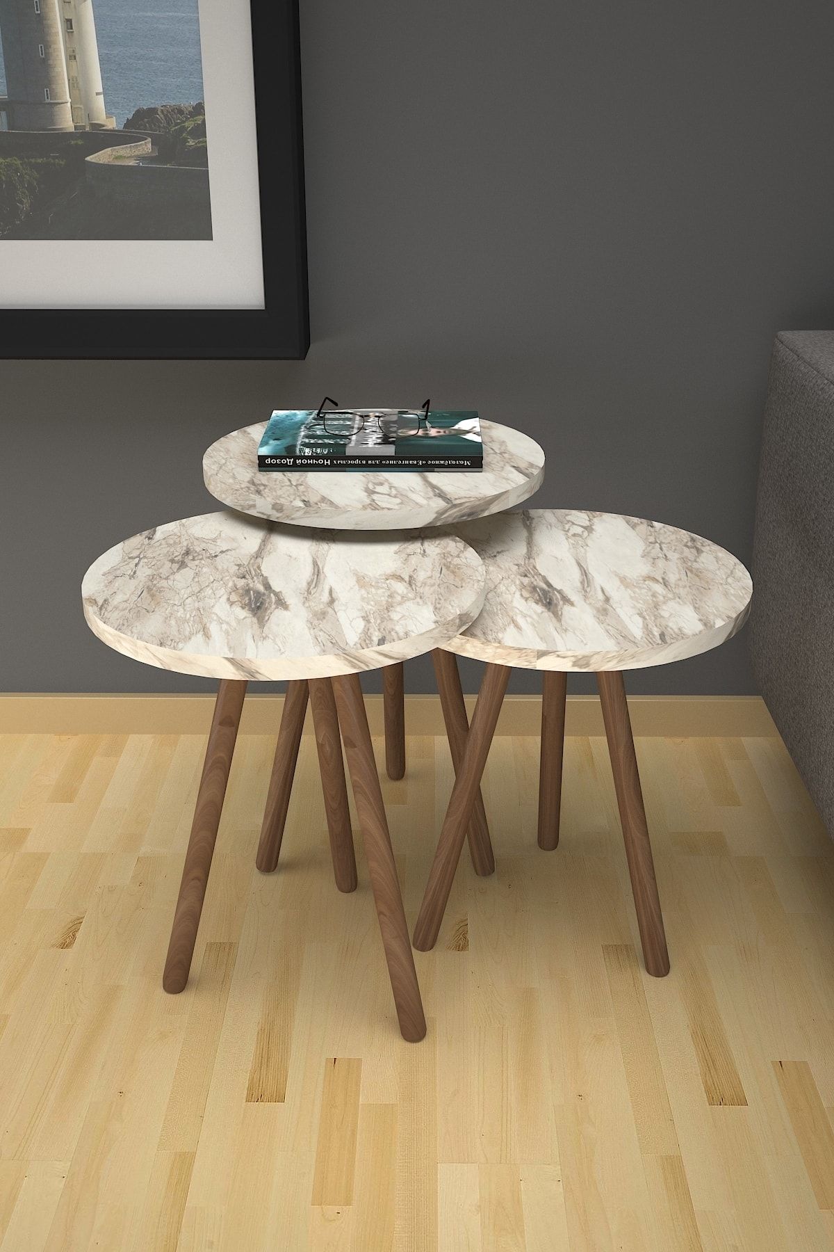 Marble Pattern Nesting Table Wooden Legs Efes Marble Round 3 Piece