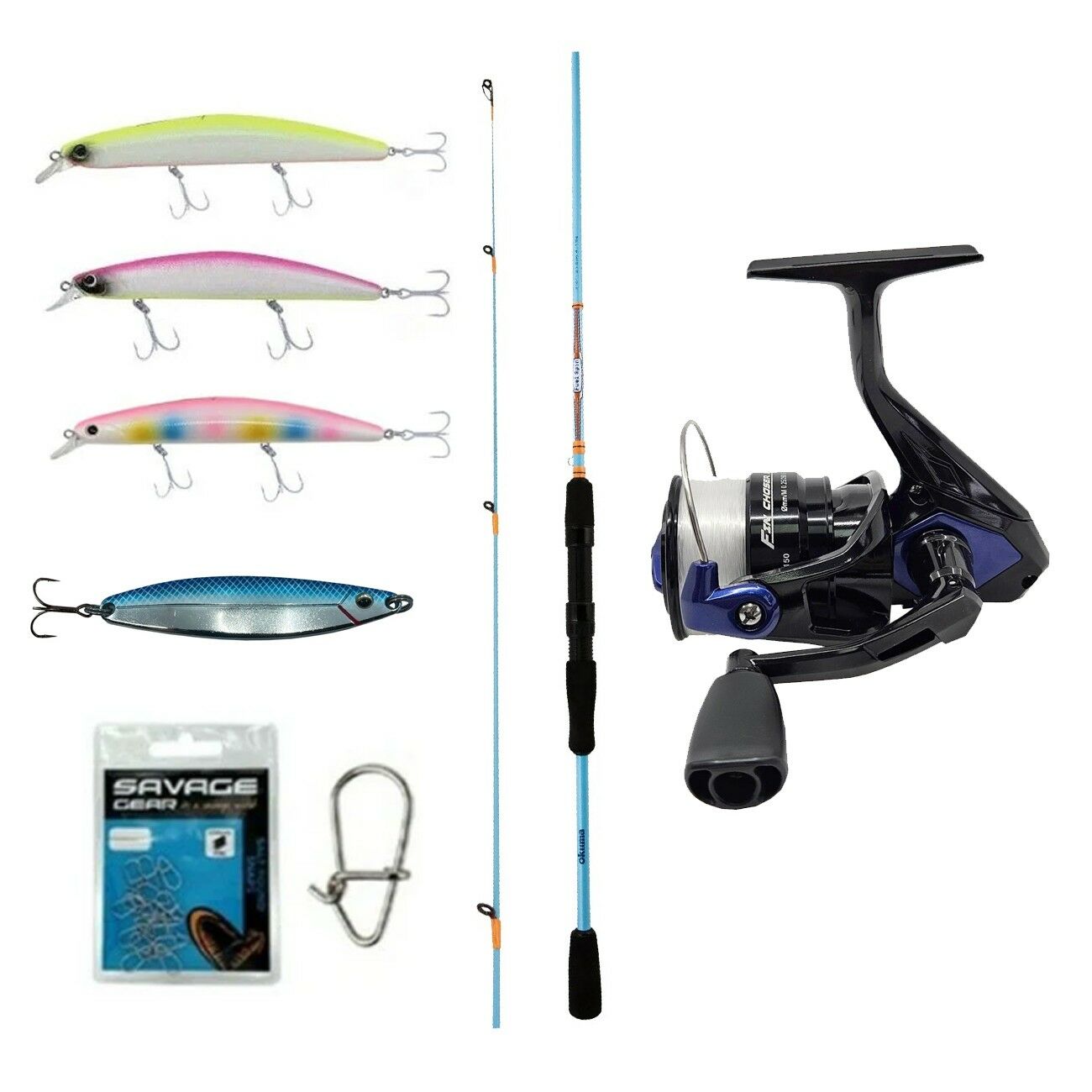 YekOutdoor Okuma Spin Olta Seti Okuma Fuel Spin 2,74 cm 7-30 gr 2 Parça Spin Kamışı&Okuma Fin Chaser X FNX-40BL Blue 1BB Olta Makinesi