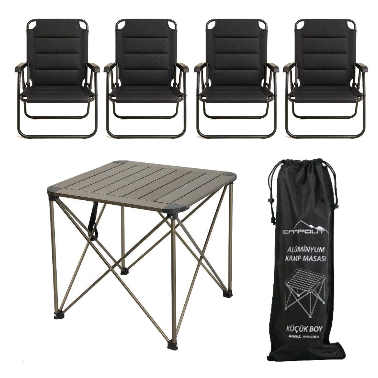 YekOutdoor Katlanabilir Küçük Alüminyum Kamp Masası ve 4 Kişilik Konforlu Kamp Sandalyesi Seti
