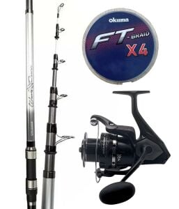 Yek Outdoor Hazır Surf Olta Seti Okuma Wave Power Tele Surf 3.90 cm 100-200 gr Surf Kamışı&Okuma Wave Power WP-8000A1 Olta Makinesi