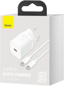 Baseus Super Si Power Delivery 25W USB-C & USB-C Kablo ve Hızlı Şarj Cihazı Seti, Beyaz