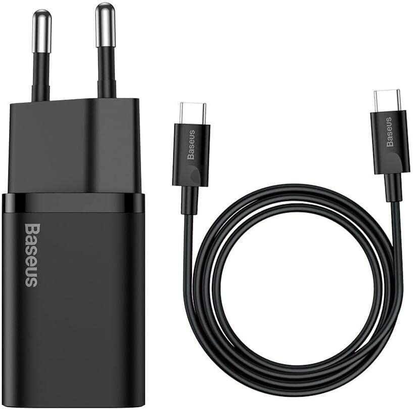 Baseus Super Si Power Delivery 25W USB-C & USB-C Kablo ve Hızlı Şarj Cihazı Seti, Siyah