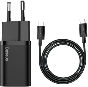 Baseus Super Si Power Delivery 25W USB-C & USB-C Kablo ve Hızlı Şarj Cihazı Seti, Siyah