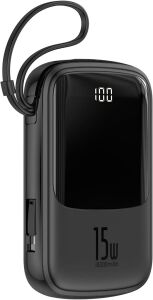 Baseus Q Pow, Powerbank, Siyah, Pil Kapasitesi: 10.000 mAh, 3 A, Dijital LCD Ekranlı/Göstergeli,Lightning, Çift USB Girişi, Taşınabilir Şarj Aleti, LCD Display