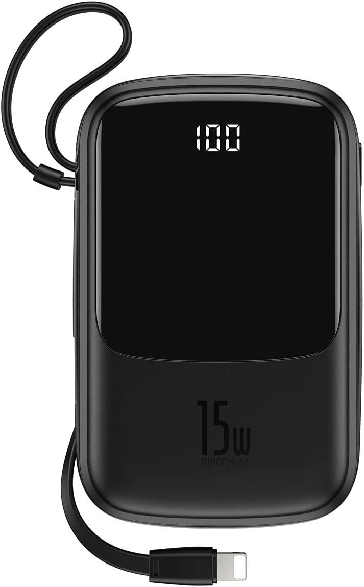 Baseus Q Pow, Powerbank, Siyah, Pil Kapasitesi: 10.000 mAh, 3 A, Dijital LCD Ekranlı/Göstergeli,Lightning, Çift USB Girişi, Taşınabilir Şarj Aleti, LCD Display