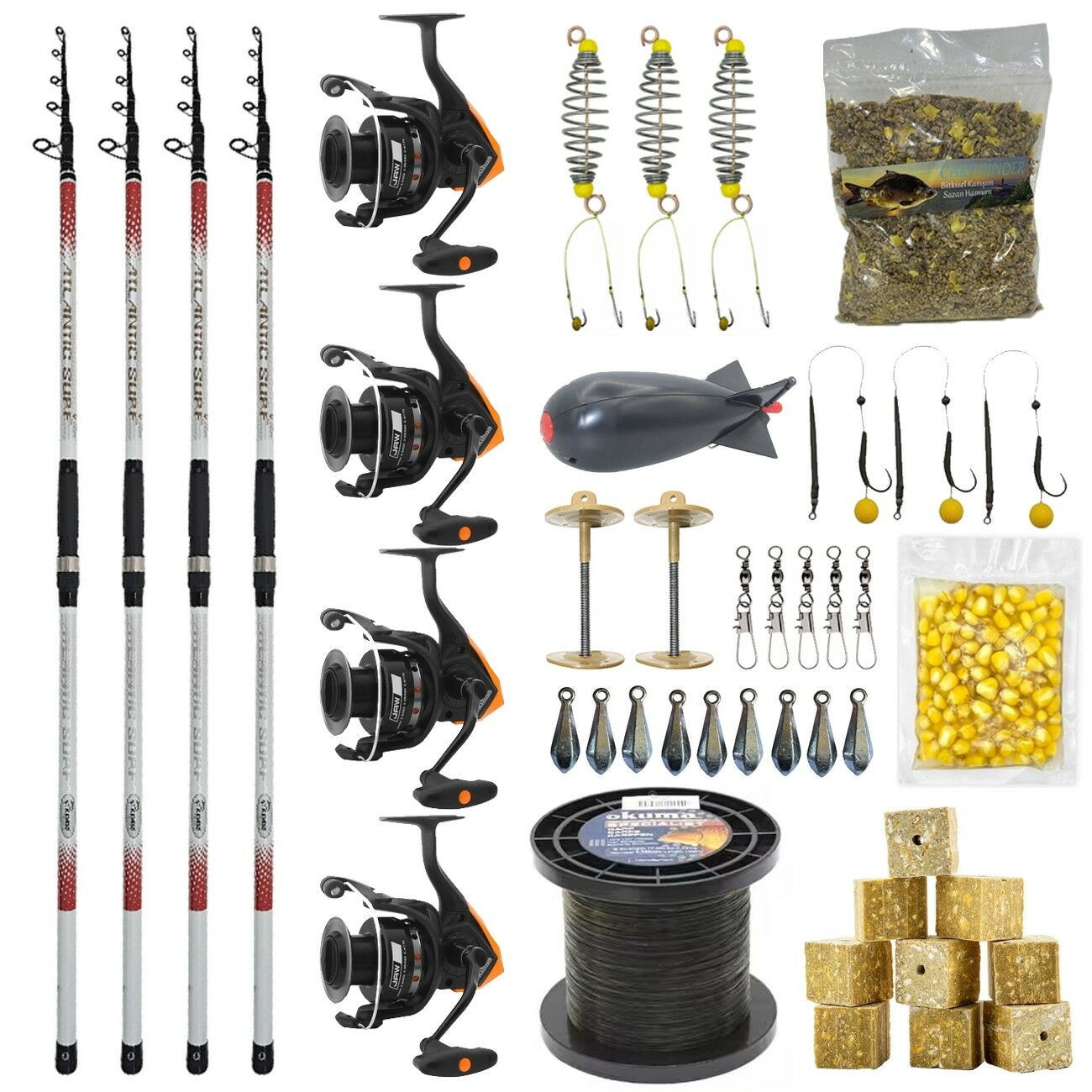 YekOutdoor Full Çeşit 4'lü Okuma Göl Seti Kendo Atlantic Surf 4.20m 100-250gr Olta Kamışı&Okuma JAW-55 3+1BB Olta Makinesi