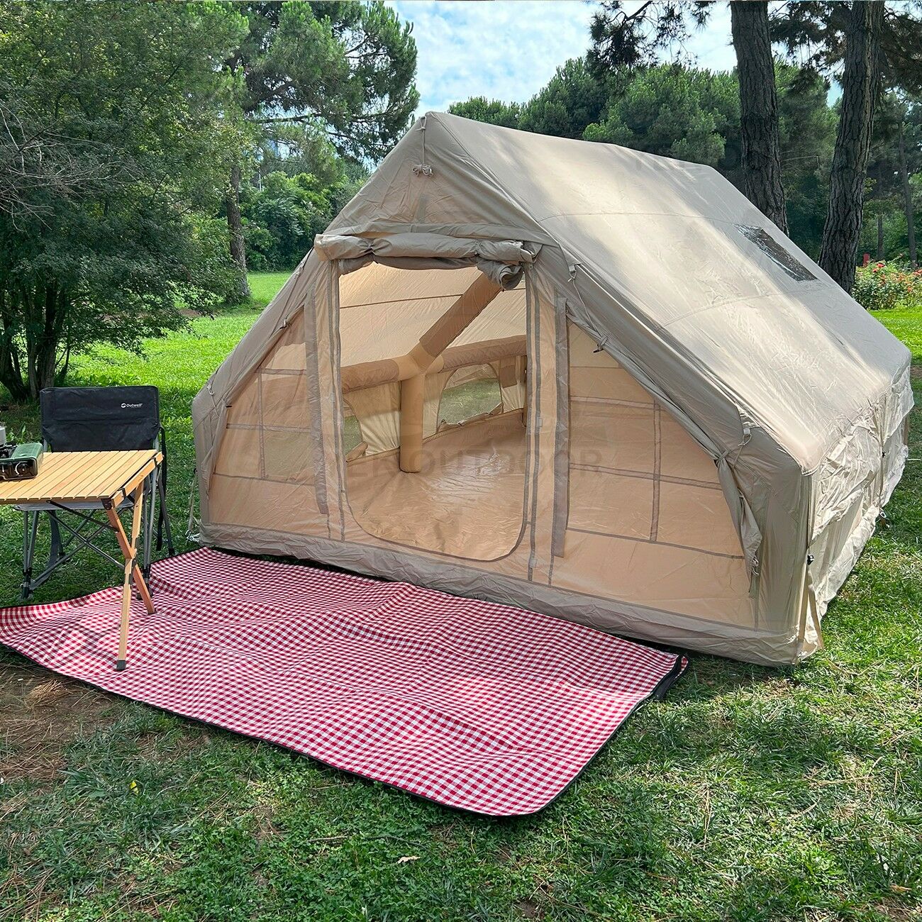 Yek Outdoor 420D Oxford 12 Kişilik 4 Mevsim Soba Çıkışlı Şişme Kamp Çadırı – Pompalı, 400x300x210 cm
