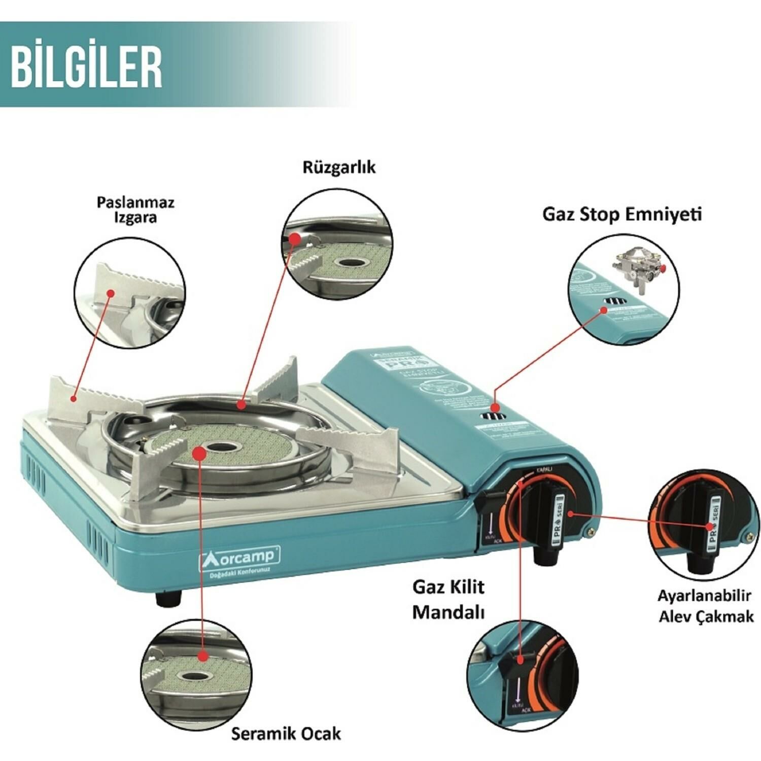 Orcamp Seramik Pro Portatif Ocak + 4 Adet Kartuş Seti