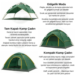 Yek Outdoor 4 Kişilik Tam Otomatik Kamp Çadırı- 3 Adet 0°Uyku Tulumu-Şişme Yatak