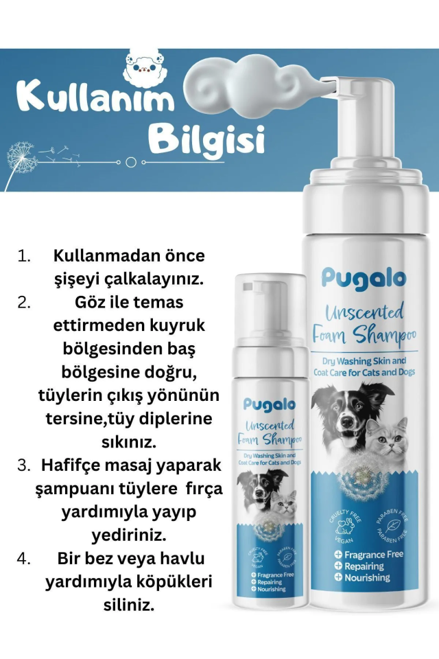 Pugalo Kokusuz Köpük Şampuan Kedi Tüy Dökülmesi Karşıtı Doğal Içerikli Kuru Köpük Şampuan 250 ml