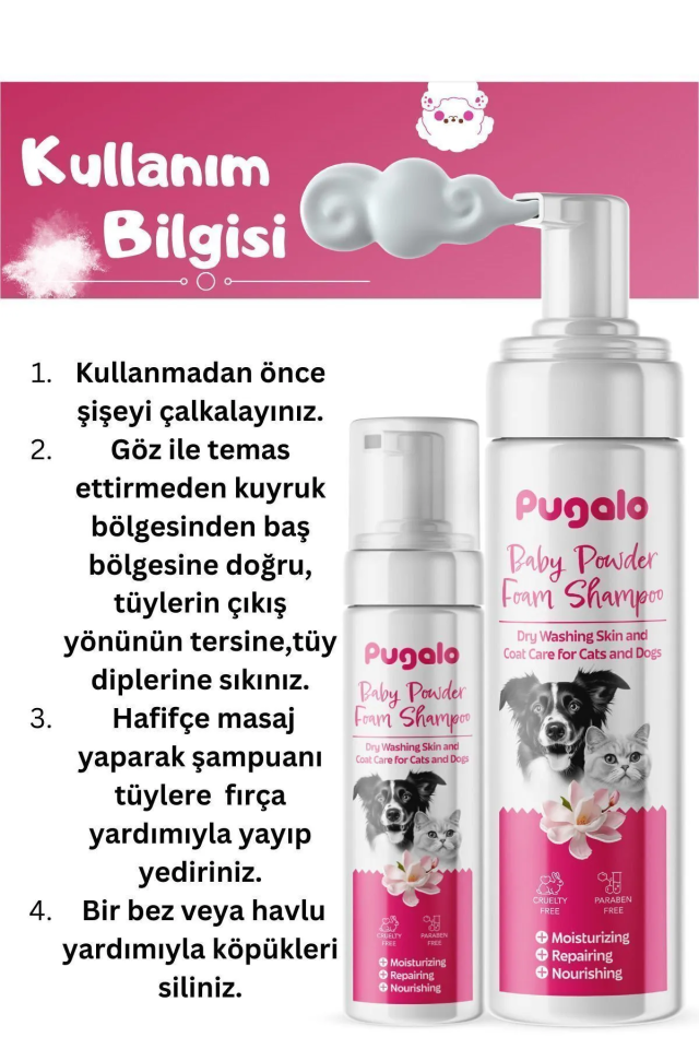 Pugalo Köpük Şampuan Kedi Tüy Dökülmesi Karşıtı Doğal Içerikli Pudralı Kuru Köpük Şampuan 250 ml