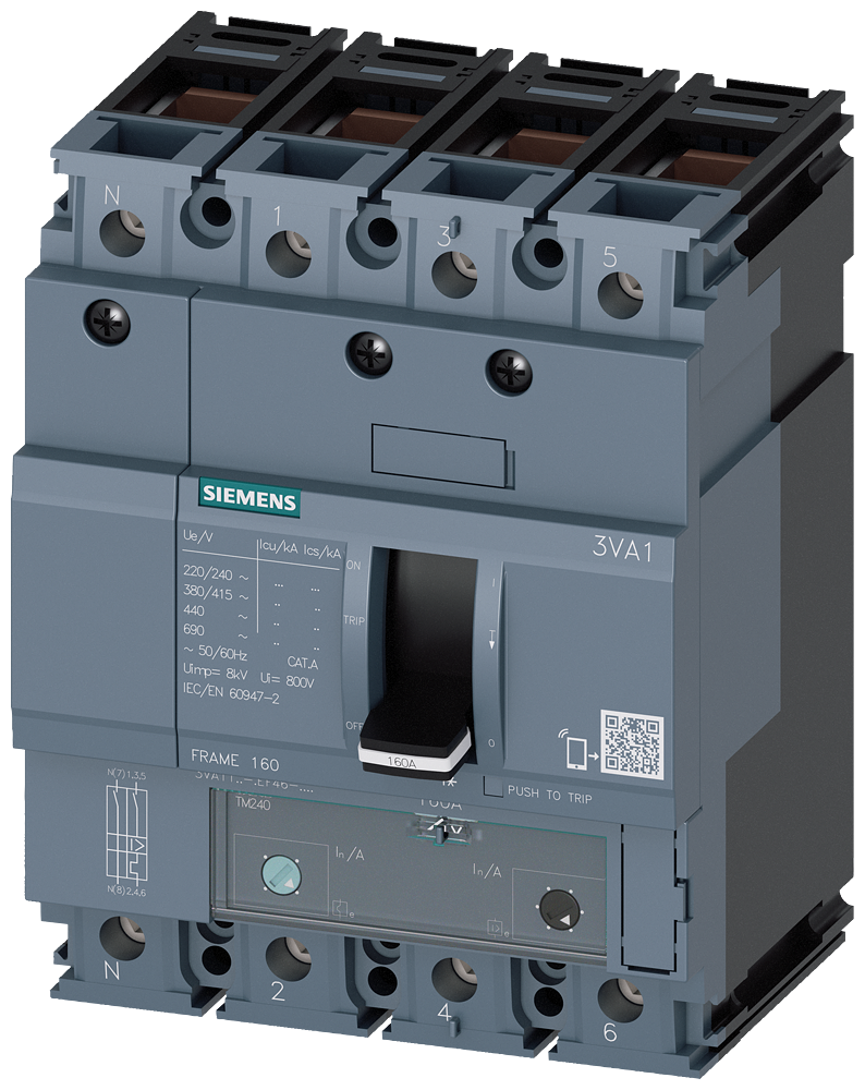 Siemens 3VA1180-4EF46-0AA0 circuit breaker 3VA1 IEC frame 160 breaking capacity class S Icu=36kA @ 415V 4-pole, line protection TM240, ATAM, In=80A overload protection Ir=56A...80A short-circuit protection Ii=5...10 x In N conductor unprotected clamp conn