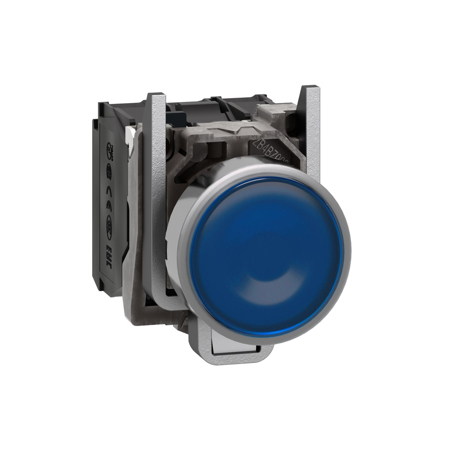 XB4BW36B5 Illuminated push button, Harmony XB4, metal, blue flush, 22mm, universal LED, plain lens, 1NO + 1NC, 24V AC DC