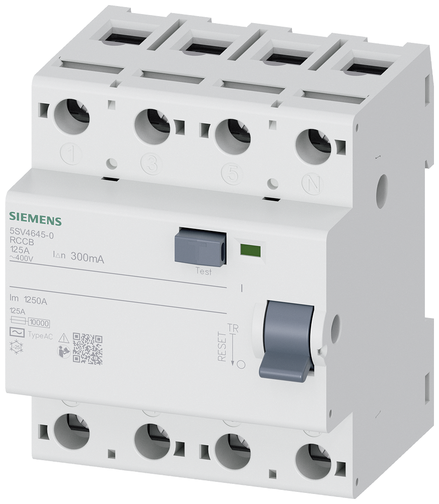 Siemens 5SV4645-0 Residual current operated circuit breaker, 4-pole, type AC, In: 125 A, 300 mA, Un AC: 400 V