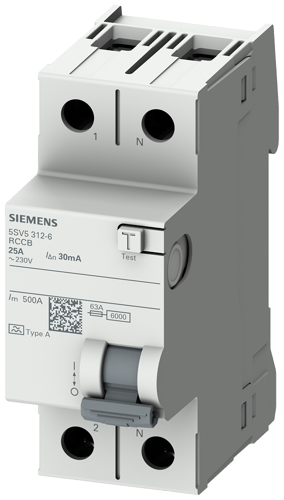 Siemens 5SV5316-6 Residual current operated circuit breaker, 2-pole, Type A, In: 63A, 30mA, Un AC: 230V Residential