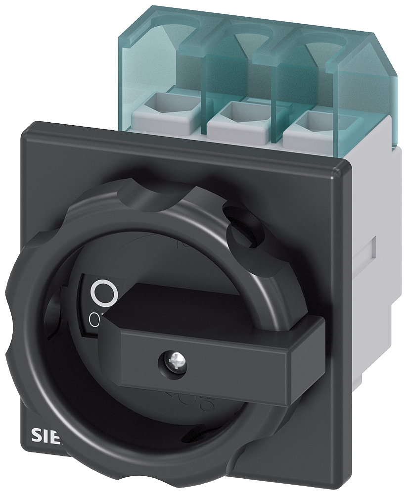 Siemens 3LD2203-0TK51 SENTRON, Switch disconnector 3LD, main switch, 3-pole, Iu: 32 A, Operating power / at AC-23 A at 400 V: 11.5 kW, front-mounted, rotary operating mechanism, black, 4-hole mounting of the handle