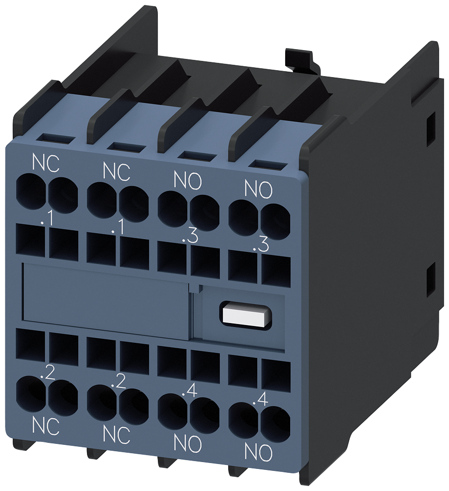 Siemens 3RH2911-2HA22 auxiliary switch, on the front, 2 NO + 2 NC, .1/.2, .1/.2, .3/.4, .3/.4, current path: 1 NC, 1 NC, 1 NO, 1 NO, spring-loaded terminal, for contactors 3RT2 and contactor relays 3RH2